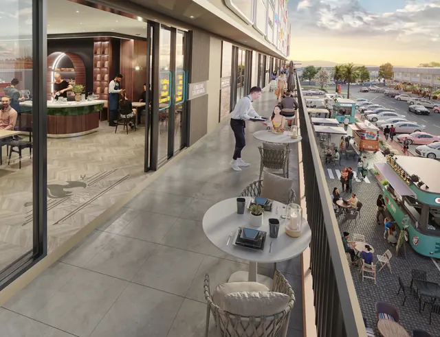 Level 1 walkway at A-SOHO overlooking the food truck park below.