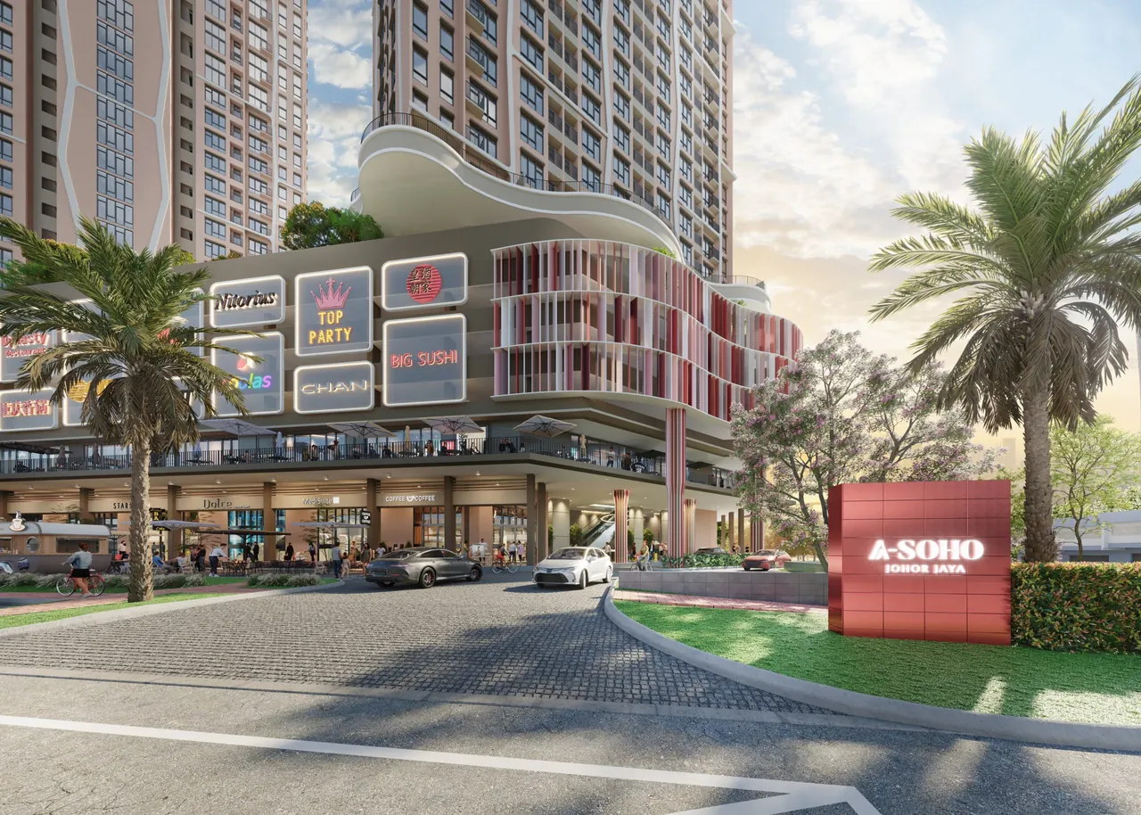 A-SOHO's drop-off canopy and retail frontage seen from the main road.
