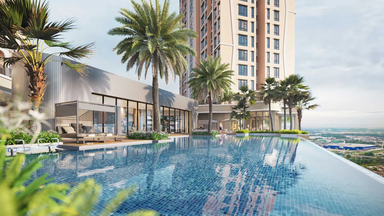 Palm-lined infinity pool deck at A-SOHO.